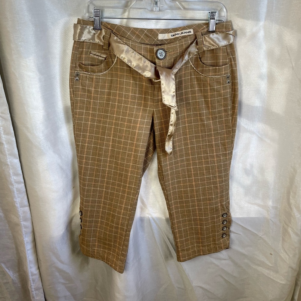 DKNY y2k Brown Tan Pink Plaid Satin Belted Capri Pants Bottoms